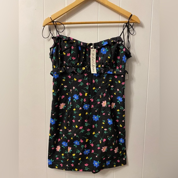 NWT For Love and Lemons Robin Mini Dress Floral Tie Straps Linen Black Frilly - Picture 5 of 16